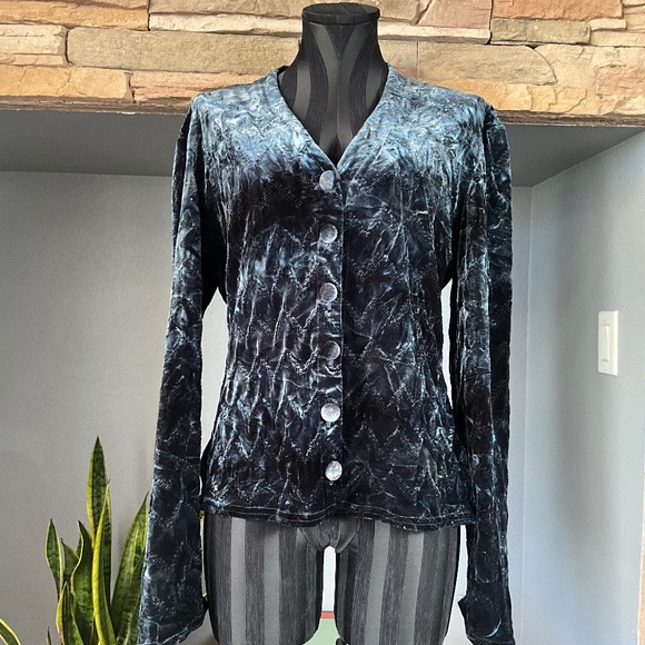 VTG Whimsigoth Stretch Blue Velvet Textured Jacket Art to Wear Bruno Duluc L - Picture 1 of 9